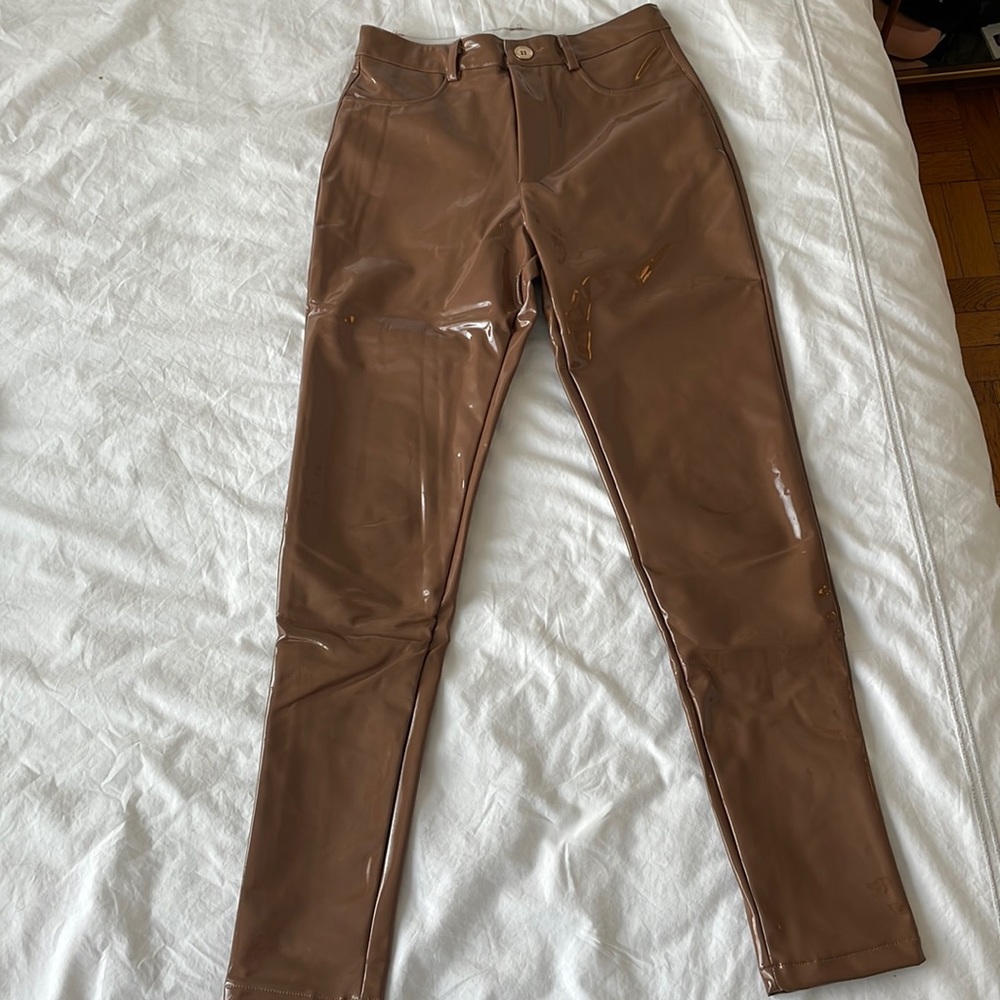 NUDE TAN SHINY SEXY FAUX PATENT LEATHER JEANS IN KIM K COMMANDO STYLE